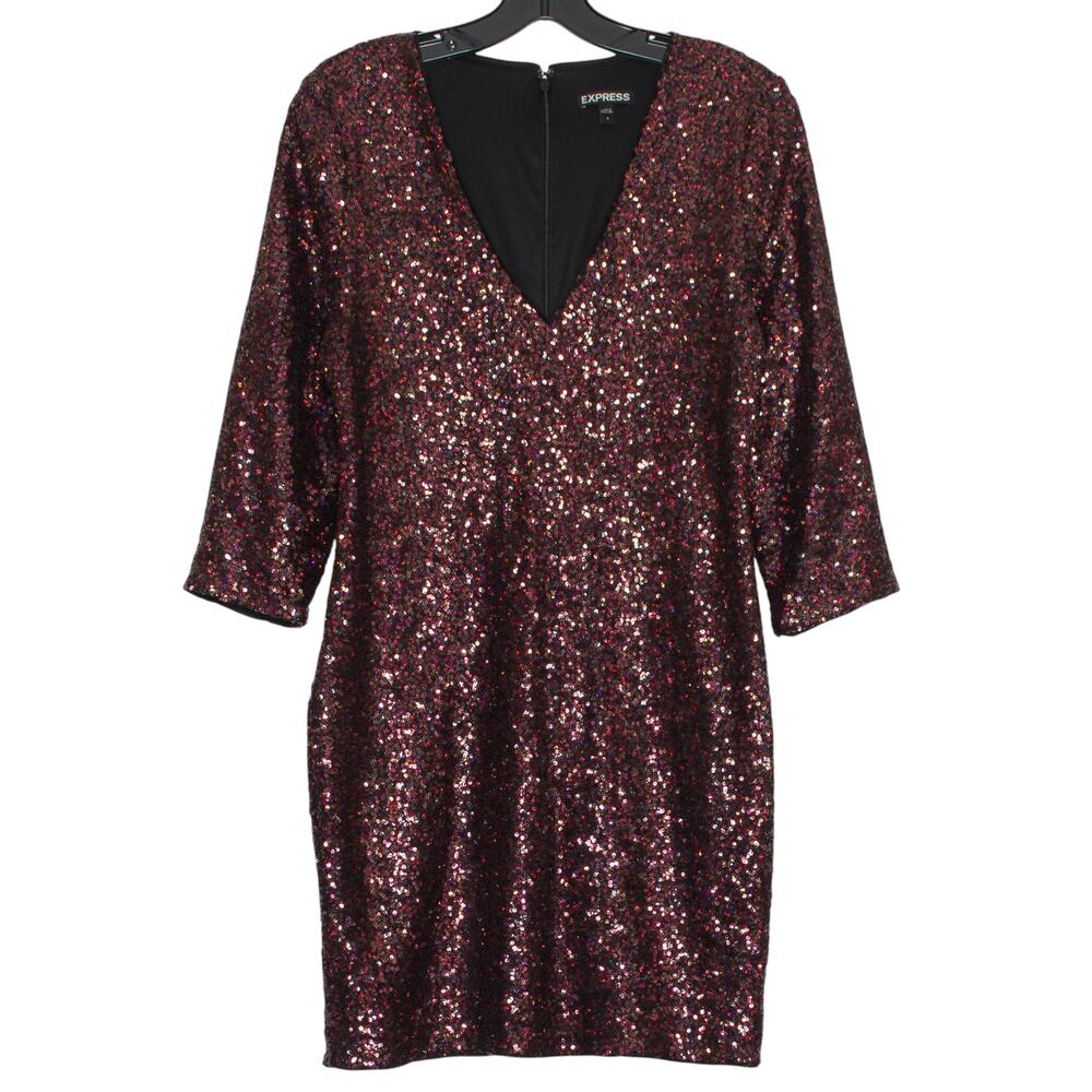 Express Dress 3/4 Sleeve All Over Sequin Disco 70s Retro Y2K Glam Red Black 8